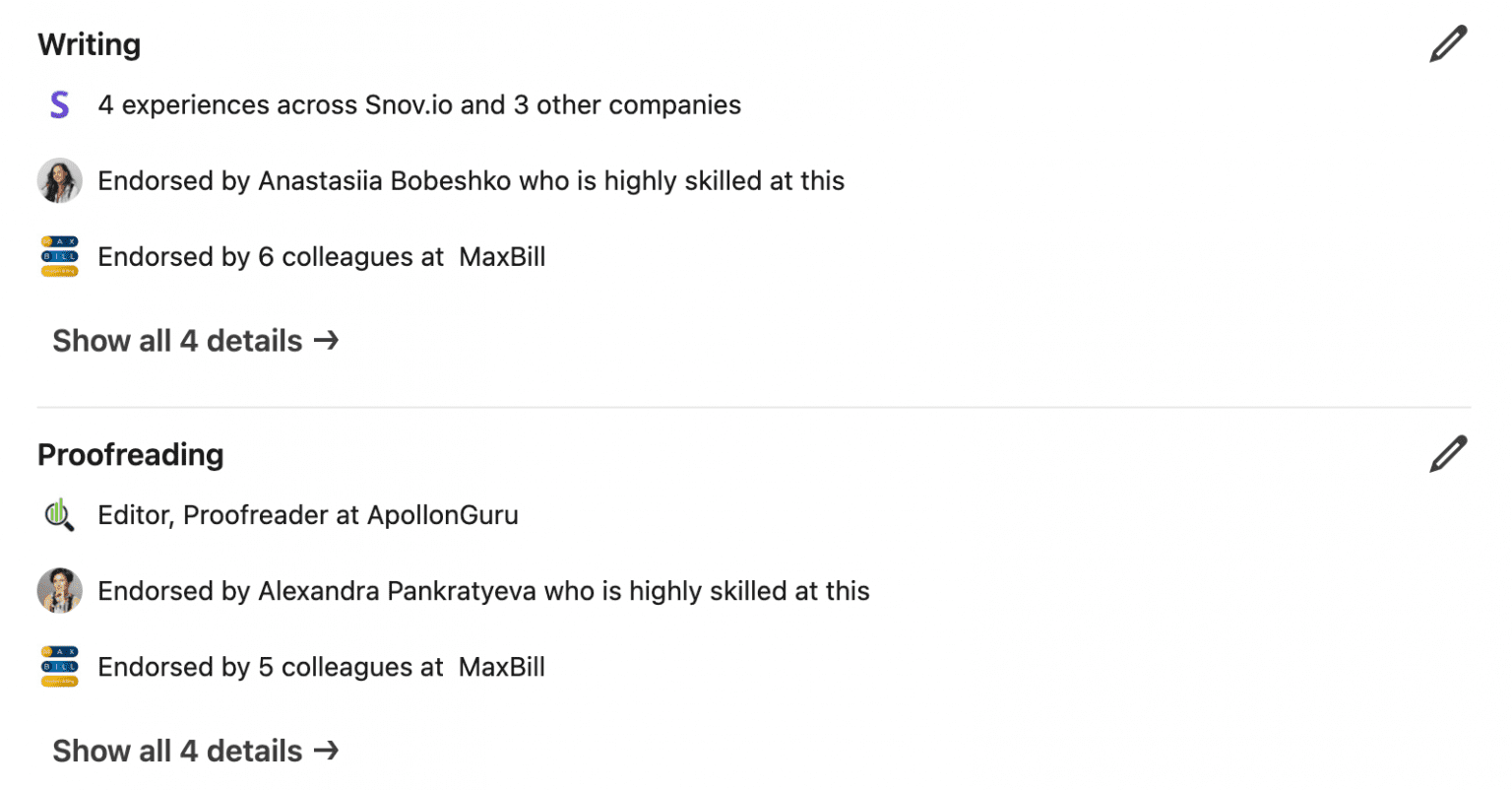 Seção de competências do LinkedIn destacando recomendações em escrita e revisão de textos por colegas da Snov.io e MaxBill.