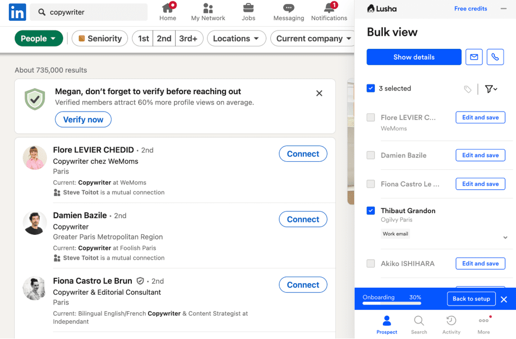 Bulk prospecting with Lusha LinkedIn Chrome extension