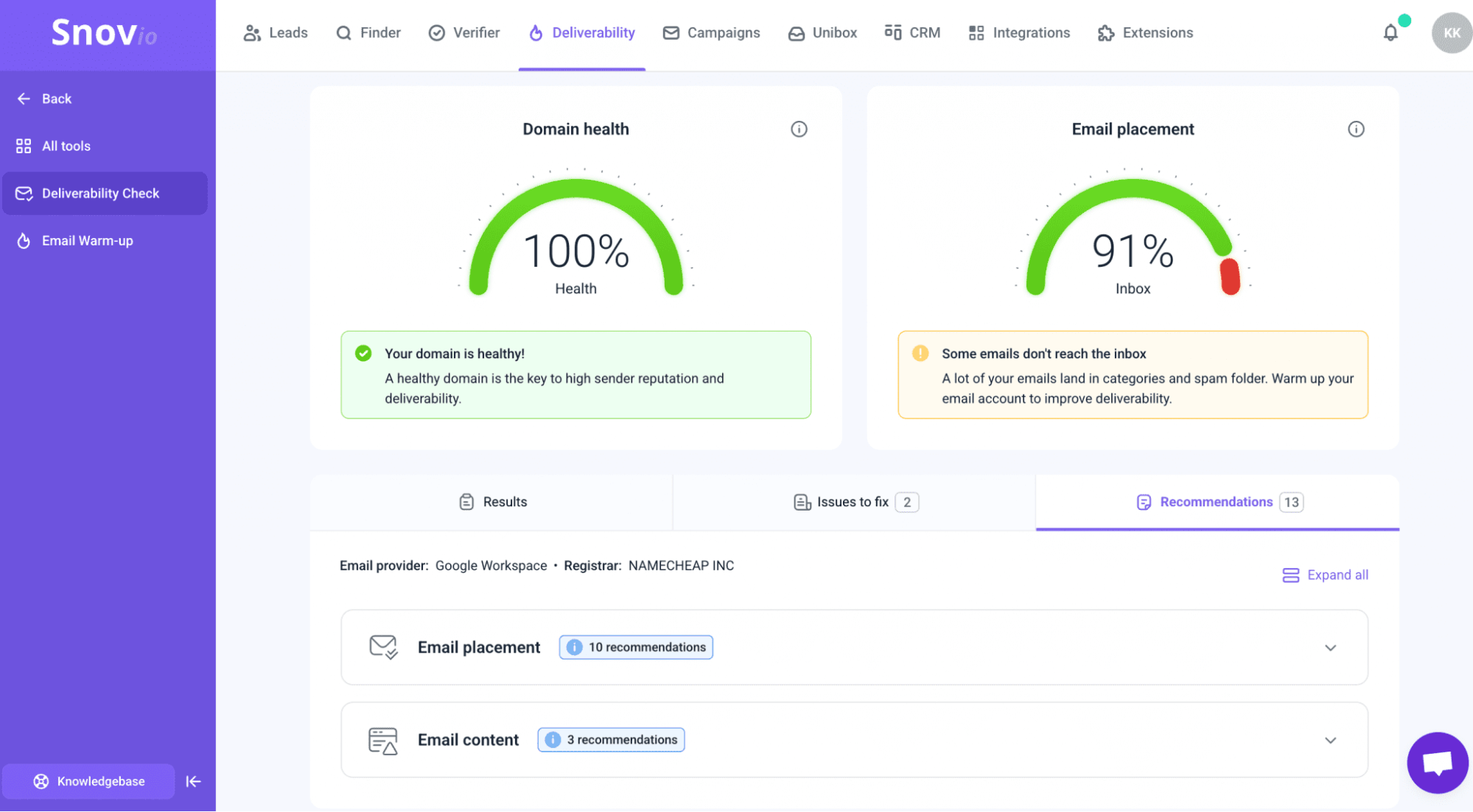 Prueba de entregabilidad de Snov.io