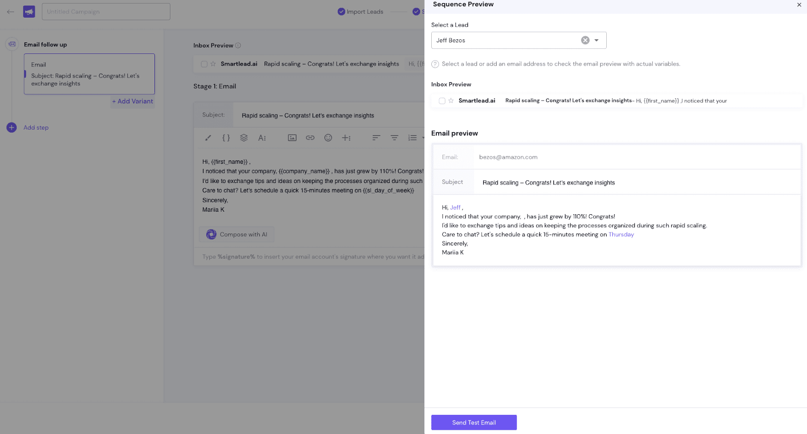 captura de tela do painel da ia para geração de leads Smartlead.ai