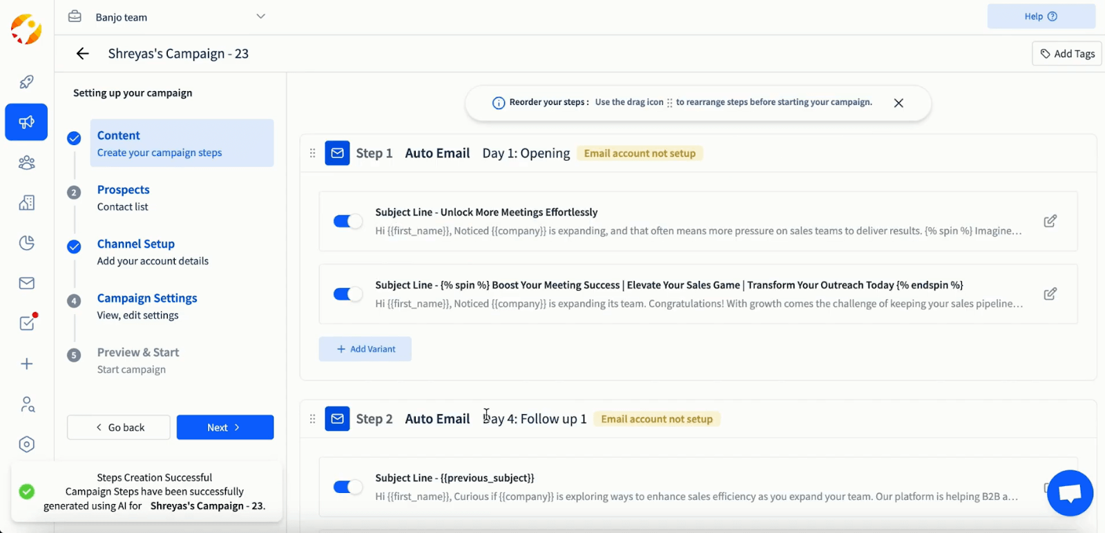 Cold email outreach sequence generated by AI in Smartreach