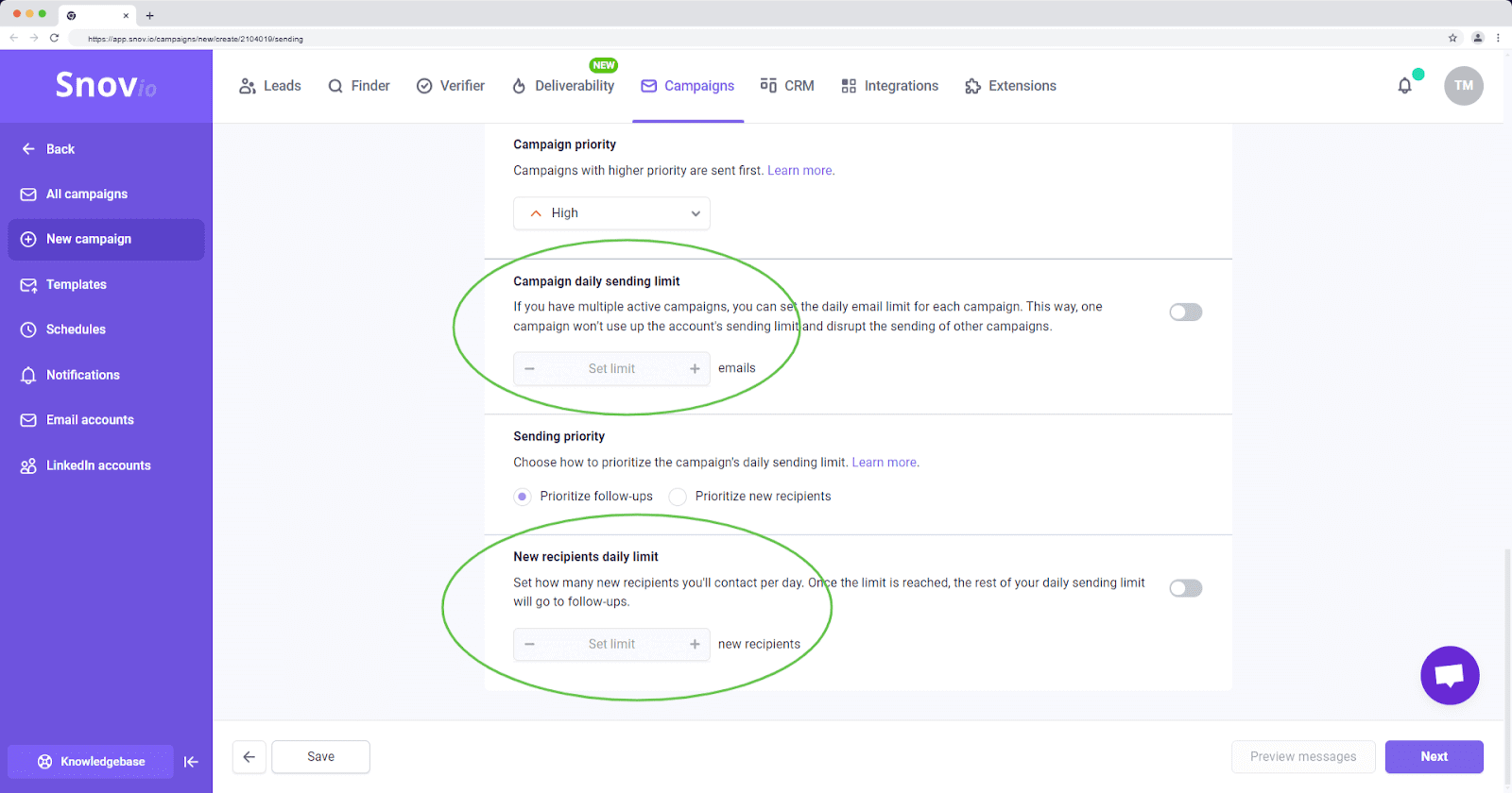 Configuraciones de automatizaciones en Snov.io