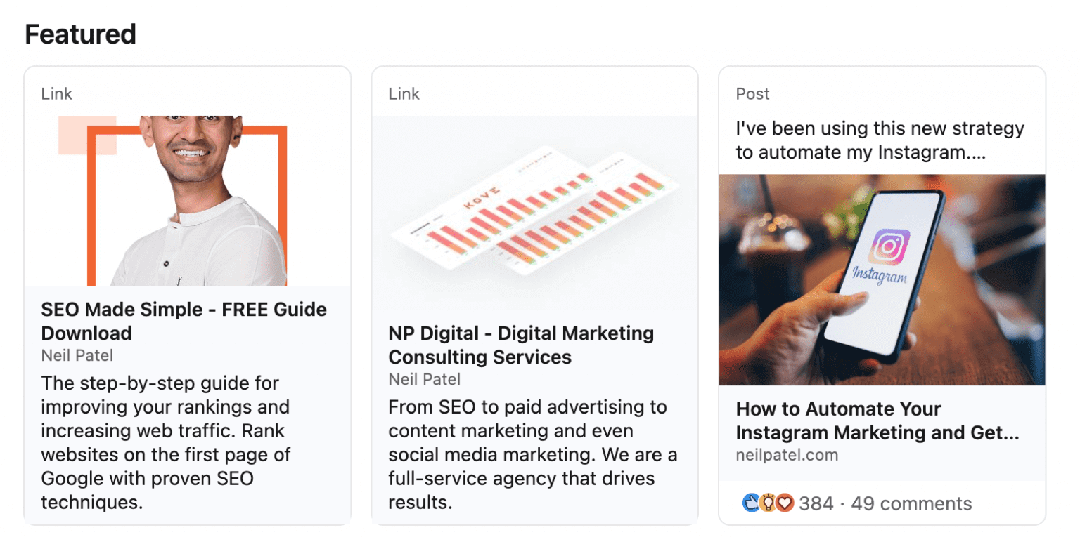 Seção 'Em destaque' do LinkedIn exibindo guias de SEO, serviços de consultoria de Marketing Digital e estratégias de automação para Instagram.