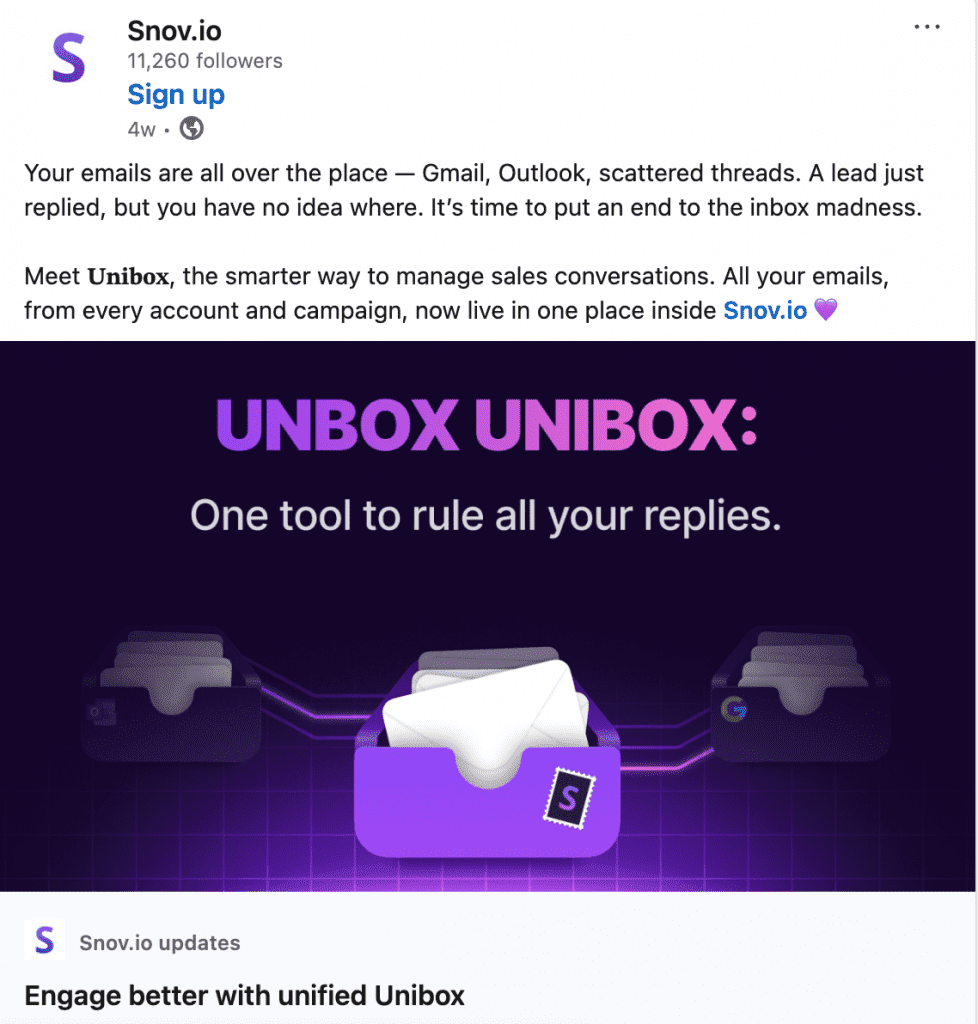 Publicación corta de Snov.io en LinkedIn