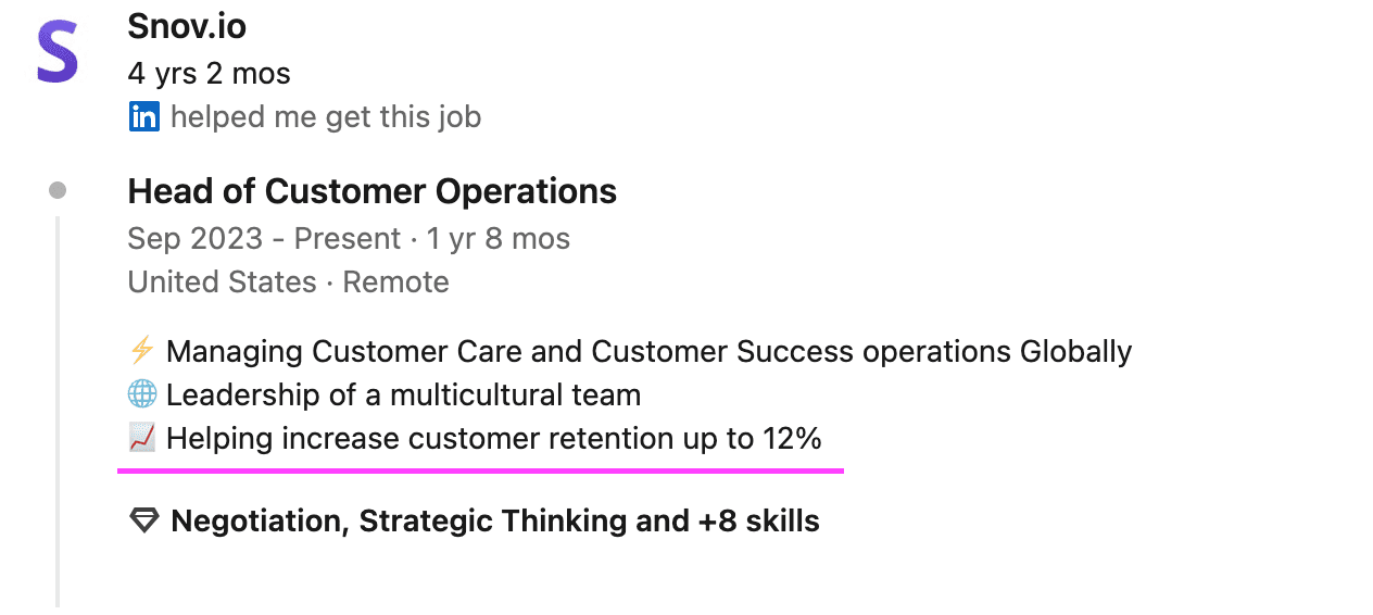 Experiência profissional de Head of Customer Operations na Snov.io detalhando liderança de equipes e aumento de retenção.