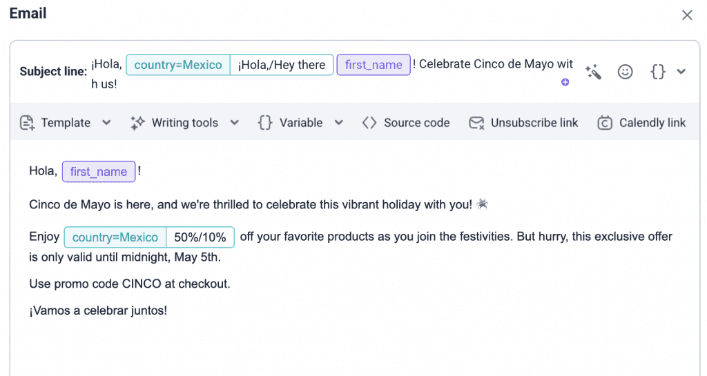 Correo electrónico segmentado y personalizado creado en Snov.io