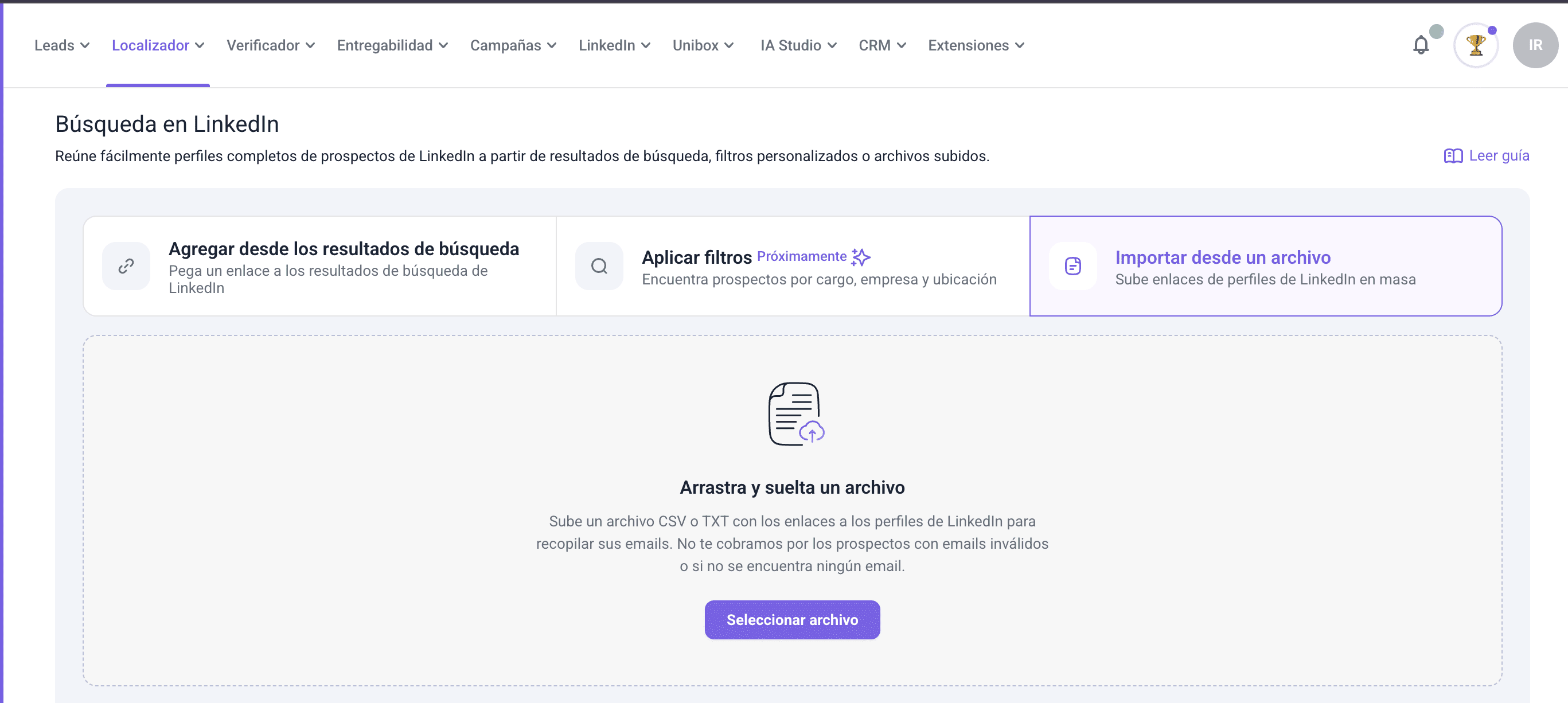  Importación de búsqueda en LinkedIn desde Snov.io
