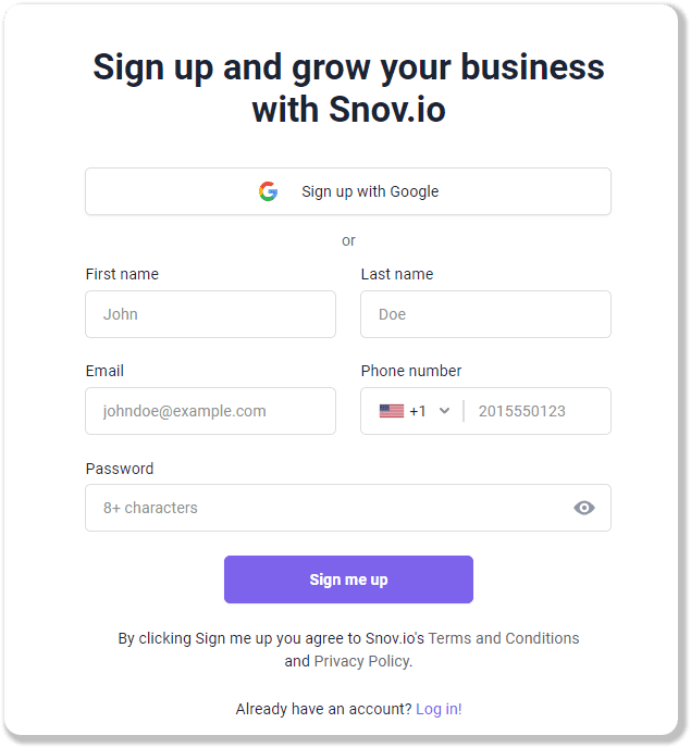 Formulario de registro de Snov.io