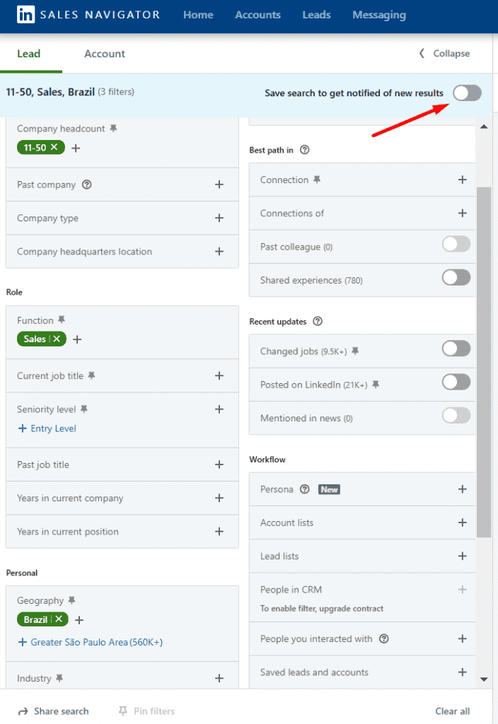 captura de tela mostrando como salvar a pesquisa avançada no LinkedIn Sales Navigator