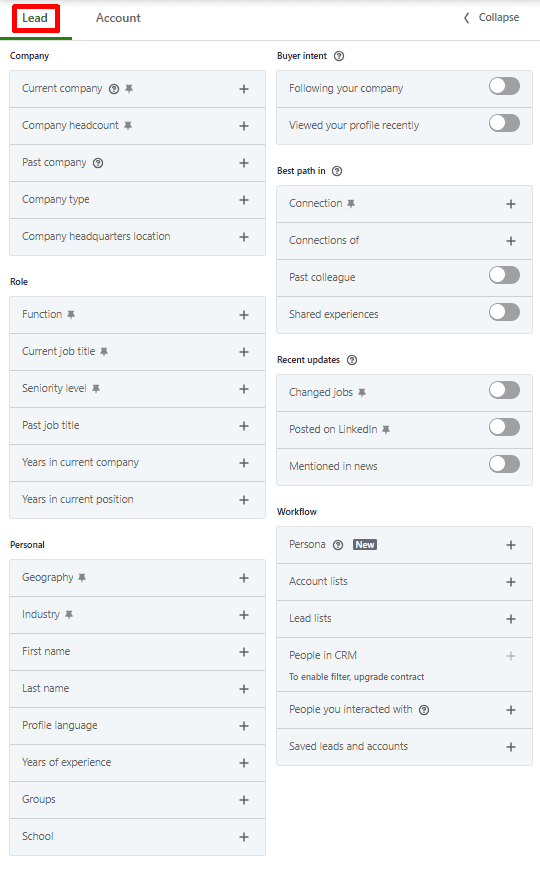 captura de tela mostrando as opções de filtragem do LinkedIn Sales Navigator