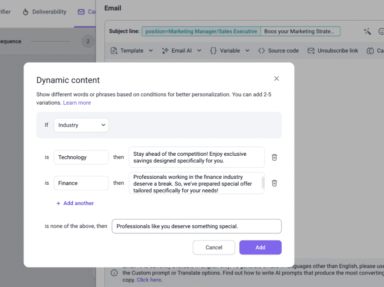 Correo personalizado con la herramienta Contenido dinámico de Snov.io