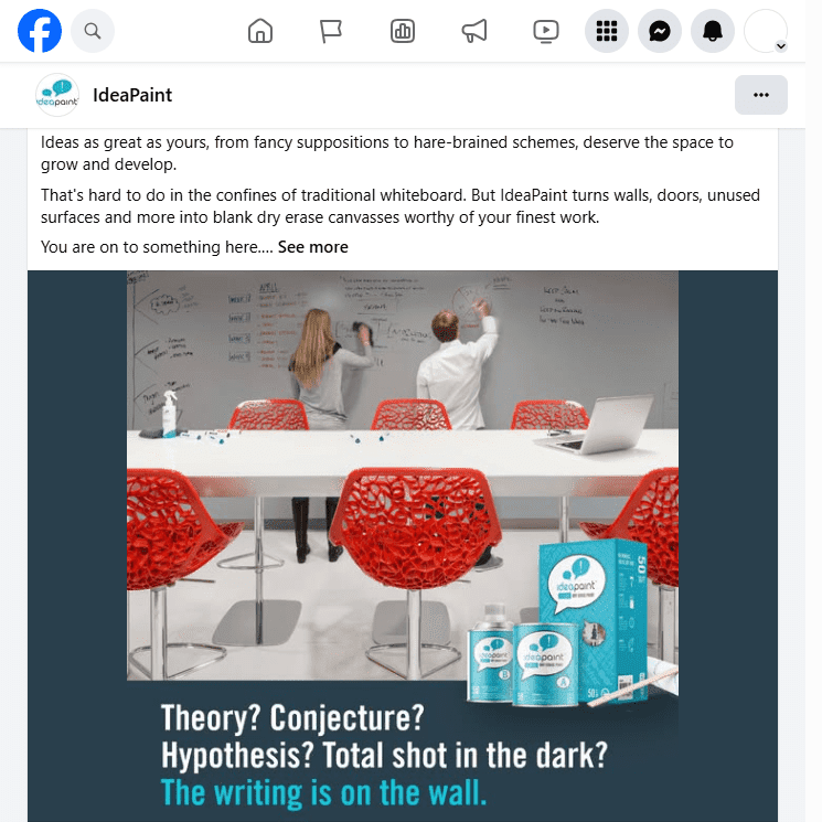 captura de tela mostrando uma postagem no Facebook da IdeaPaint