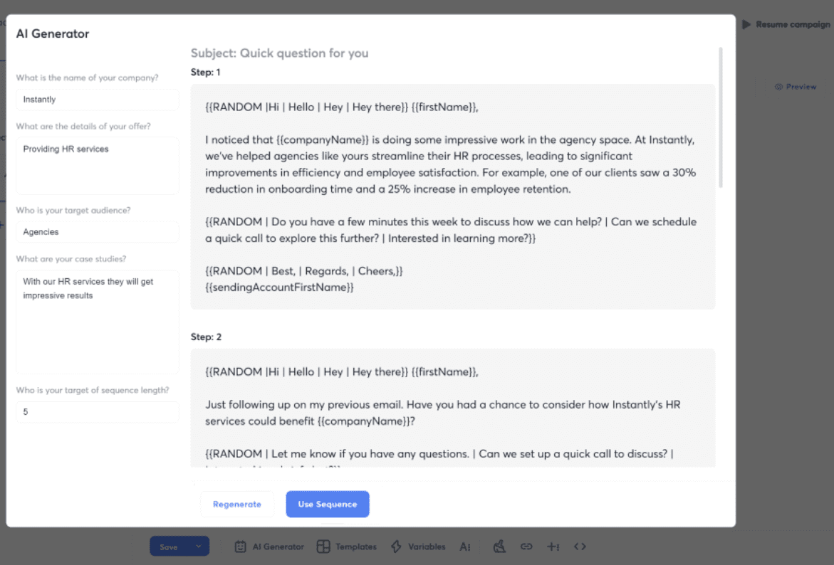 Generating email sequences with Instantly AI sequence writer