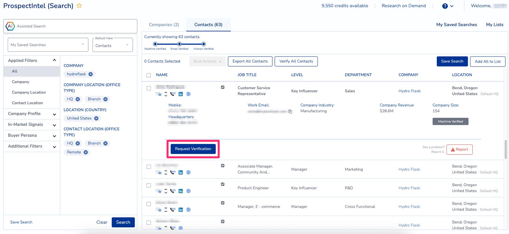SalesIntel business contact database search and research-on-demand request