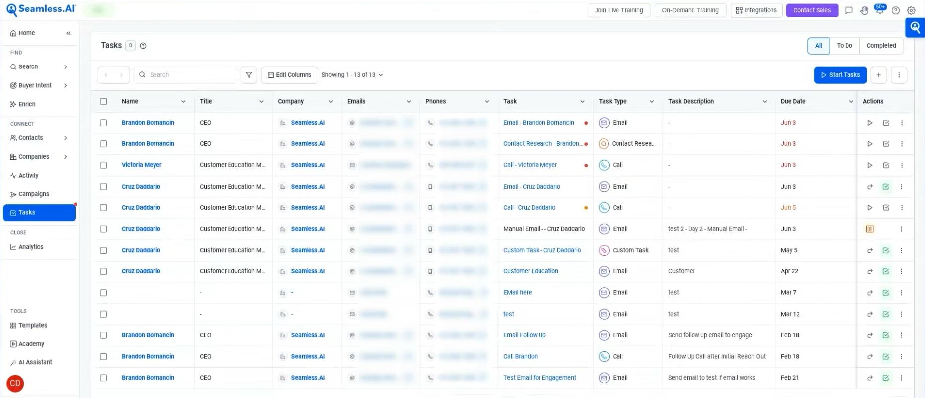 Seamless.ai Tasks feature
