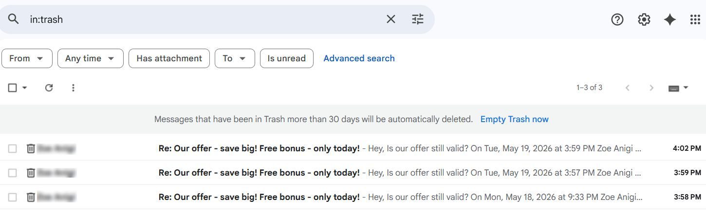 What happens when someone blocks you on Gmail - auto-deletion - emails are moved to Trash