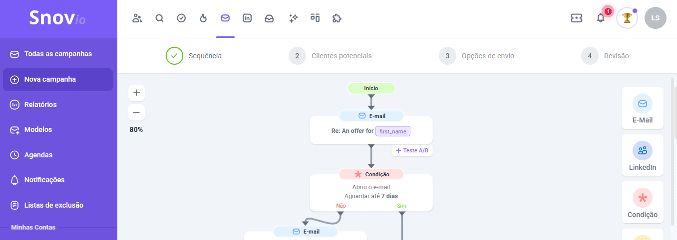 captura de tela mostrando como estruturar uma campanha de email com a Snov.io