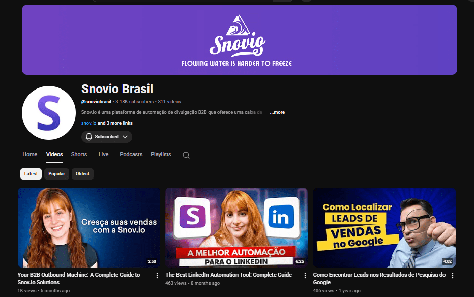 captura de tela mostrando o canal da Snov.io Brasil no Youtube