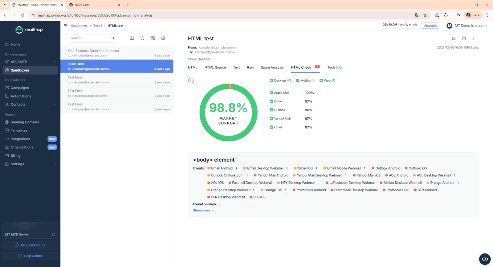 content spam checker in mailtrap 