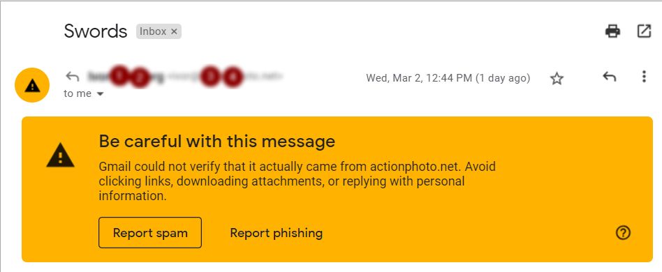 Yellow warning banner when the message gets flagged by the email provider