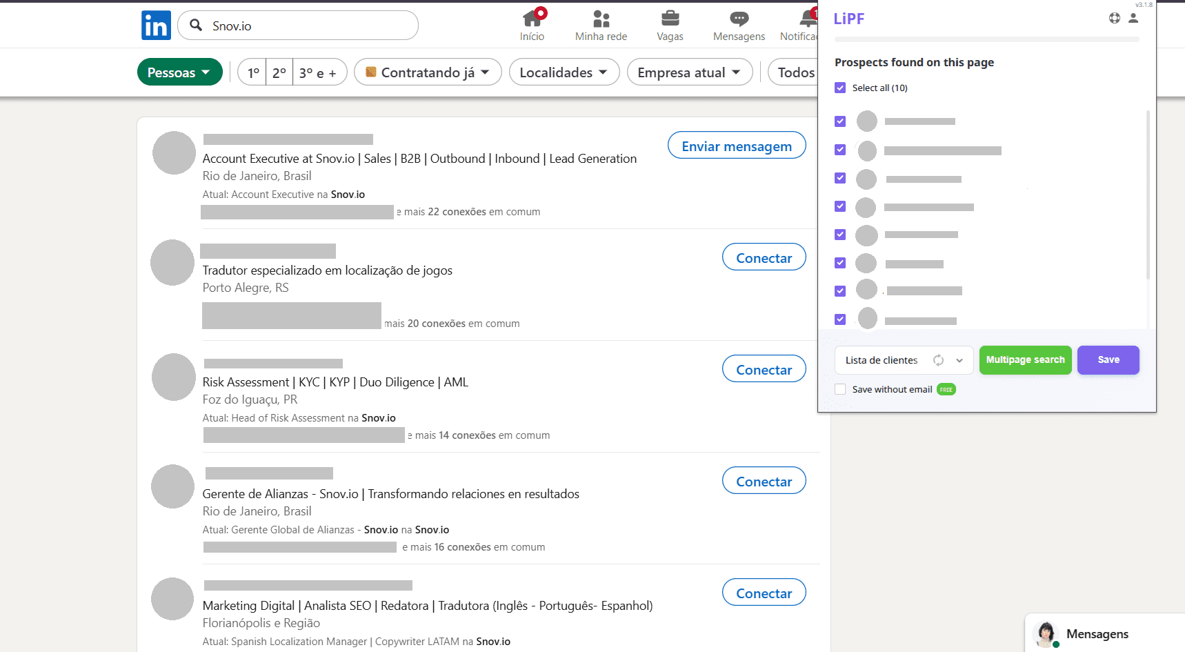 captura de tela mostrando como usar a ferramenta de prospecção do LinkedIn da Snov.io