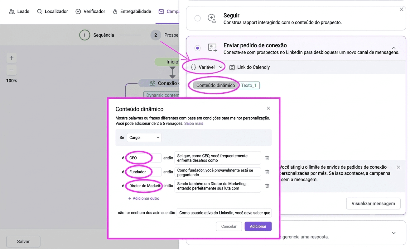 captura de tela mostrando uma solicitação de conexão personalizada para o LinkedIn no app da Snov.io