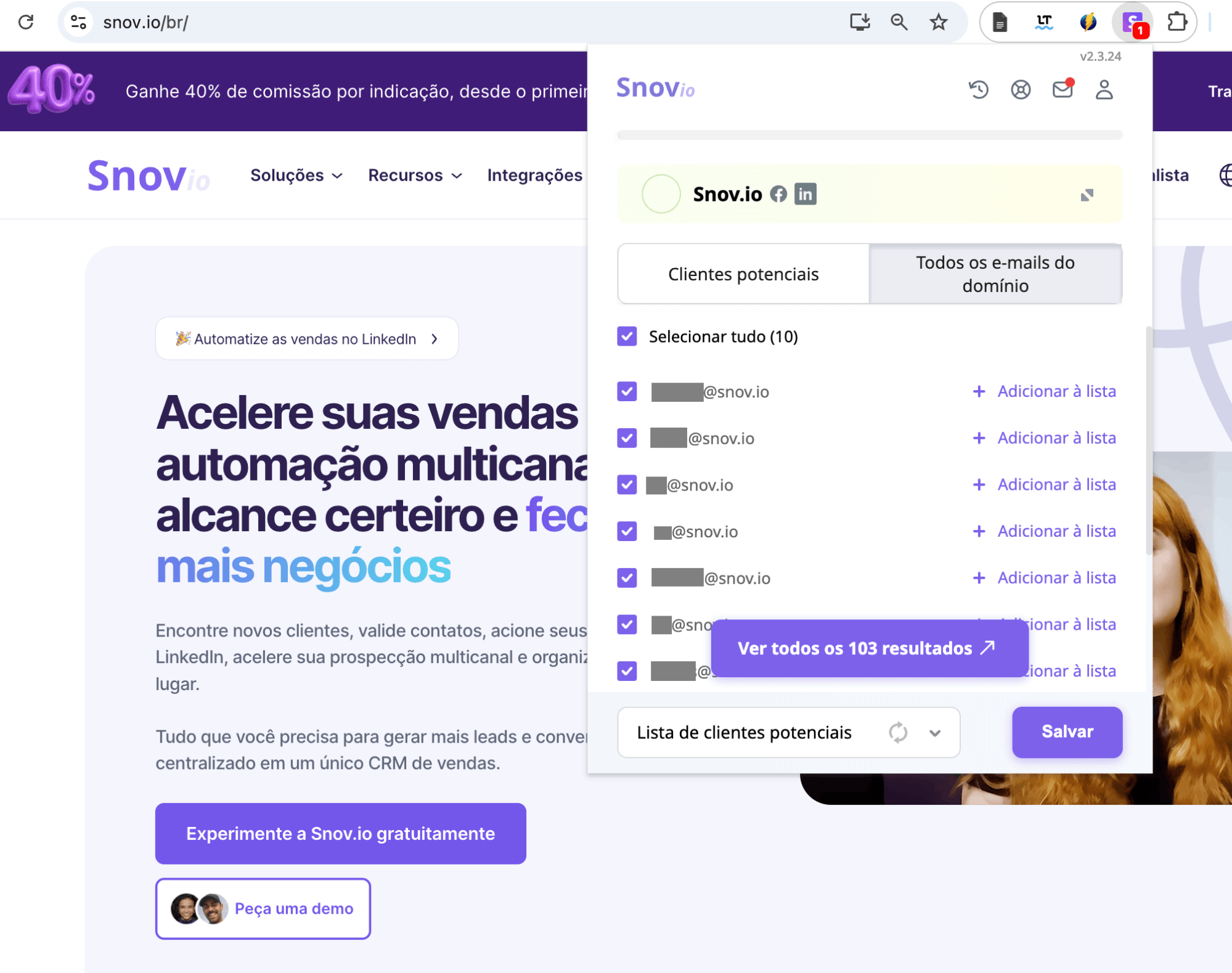 captura de tela mostrando como extrair e-mails de uma página com a Snov.io