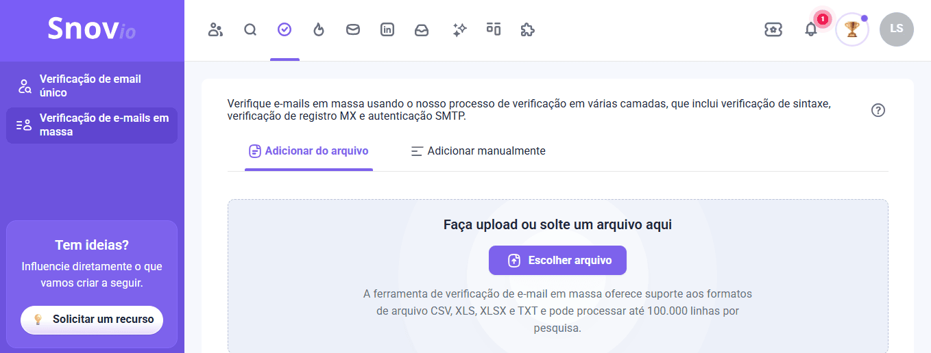 captura de tela mostrando o verificador de e-mails em massa da Snov.io