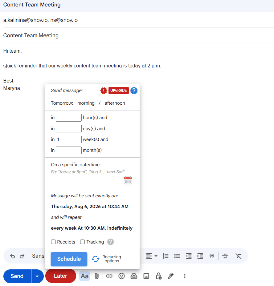 Recurring emails for Gmail add-on