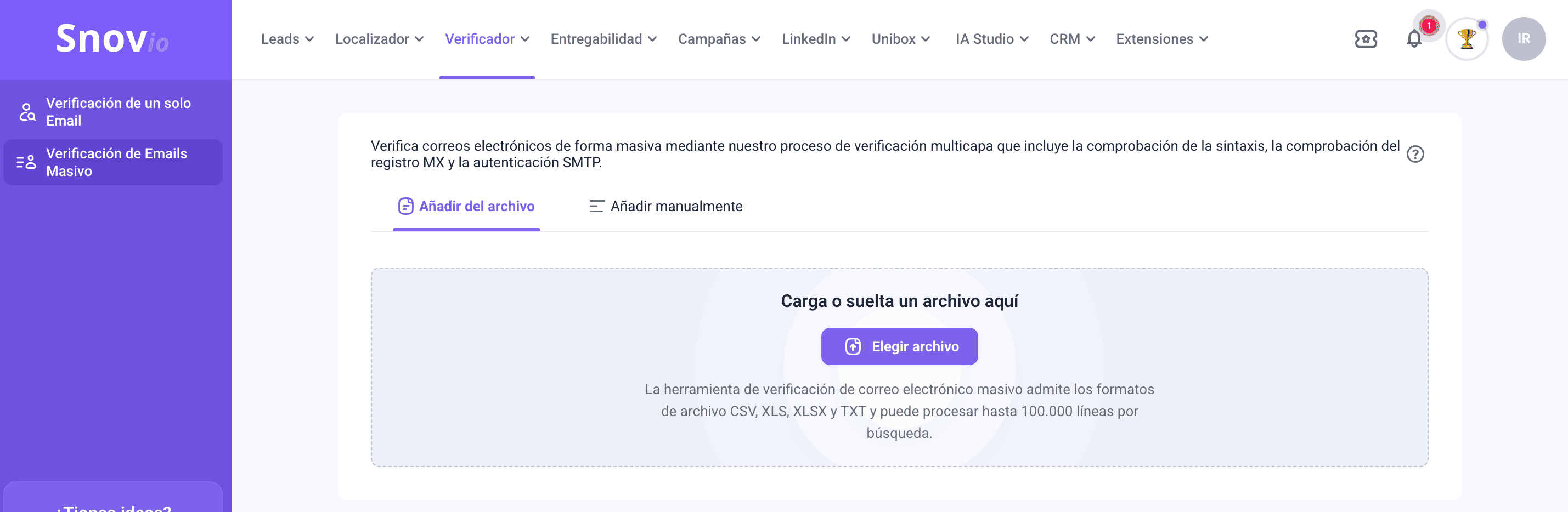 Verificador de correos electrónicos de Snov.io