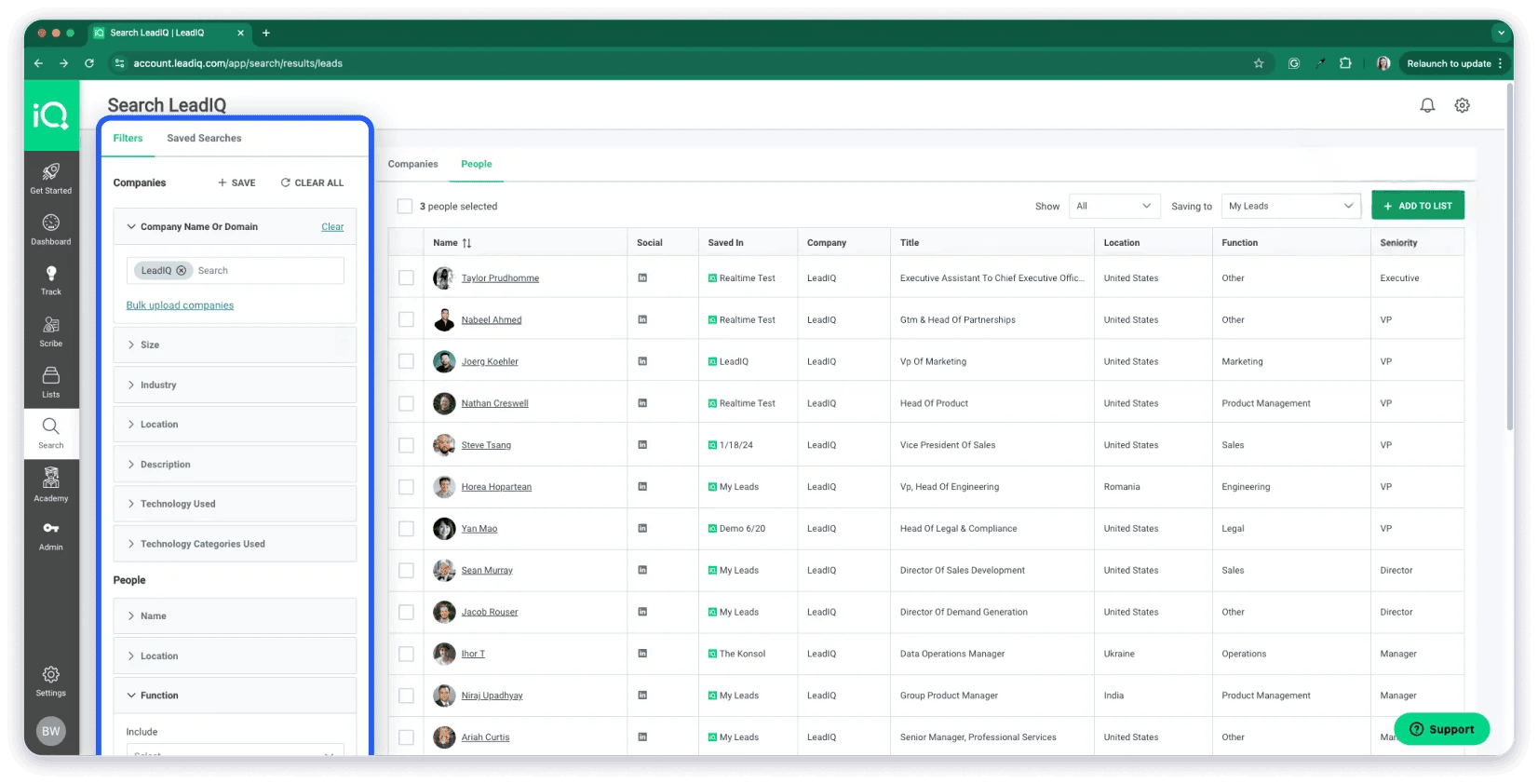 captura de tela mostrando a UI do LeadIQ