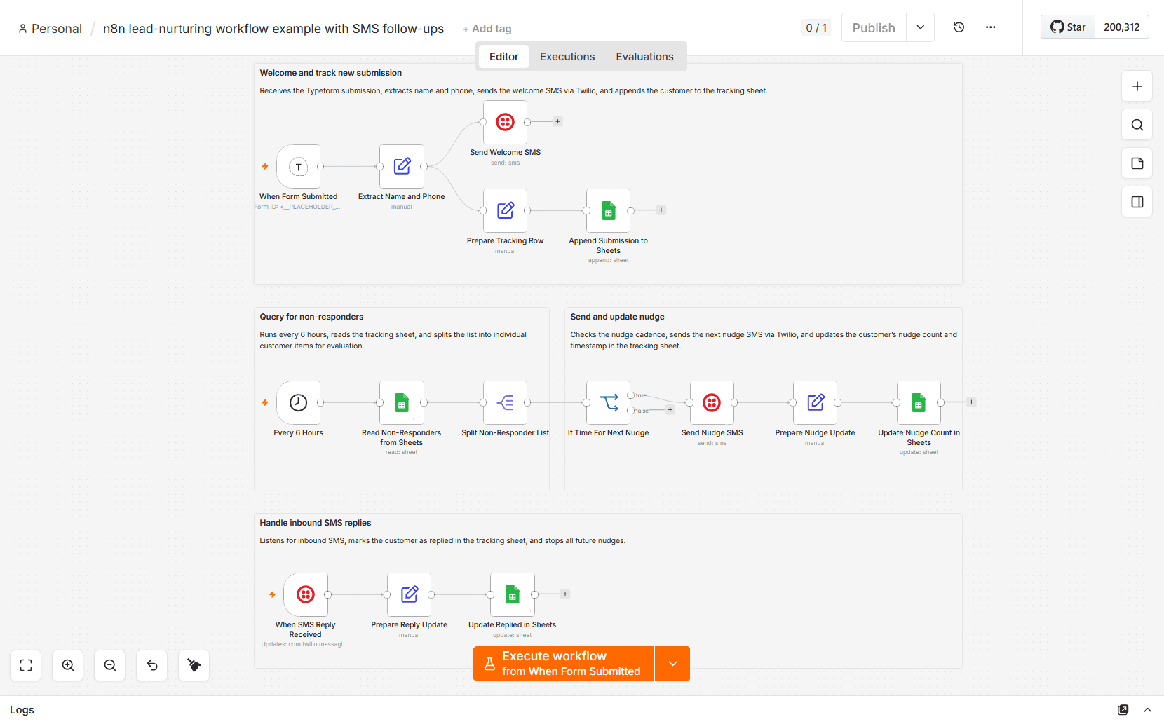 n8n lead-nurturing workflow examples - example 1 - SMS follow-ups