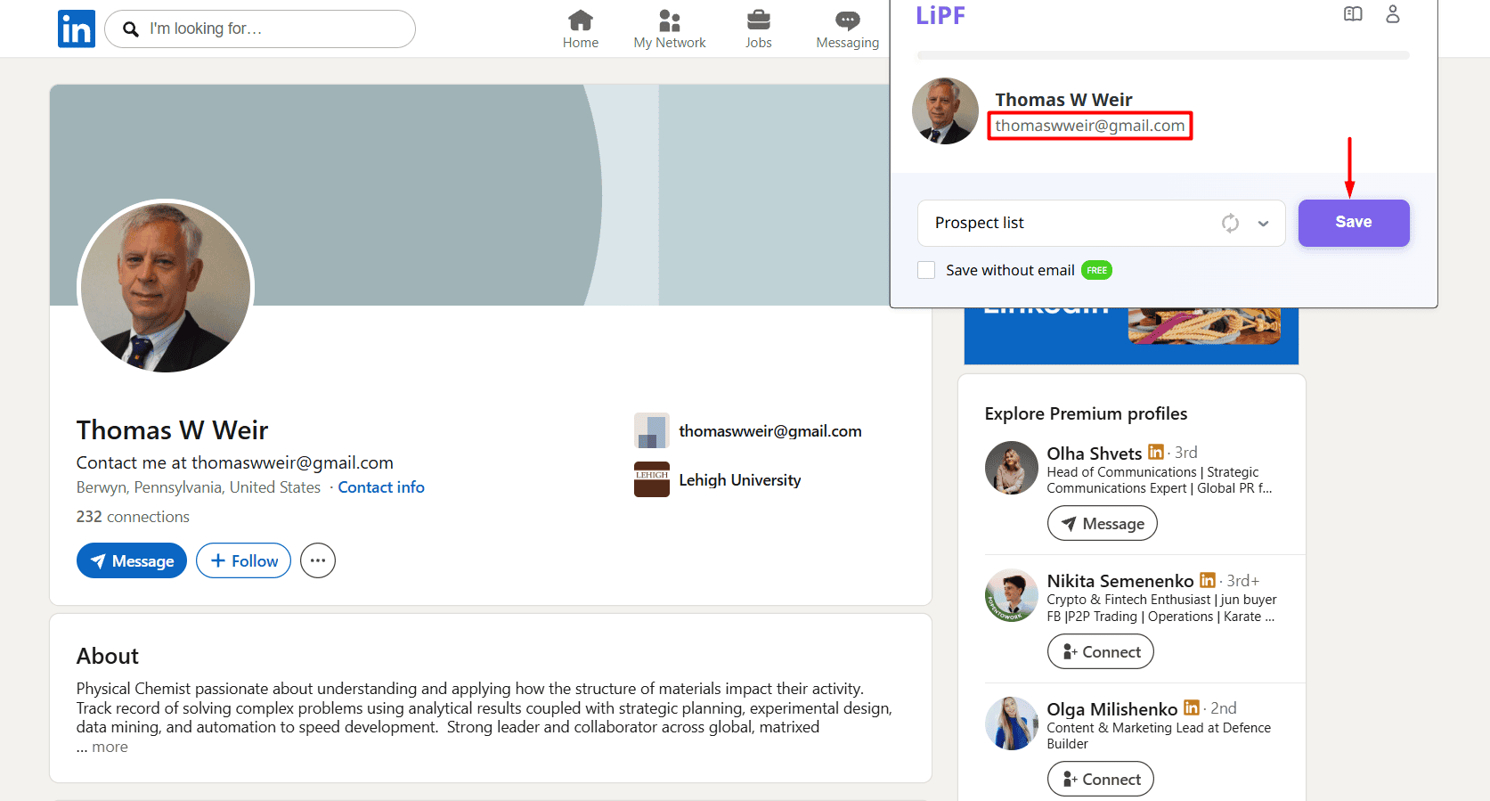 Capturing a Gmail address from the LinkedIn profile page with Snov.io's LinkedIn Email Finder extension