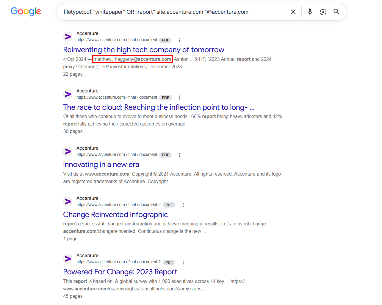 How to find corporate email addresses of Accenture employees with Google search operators