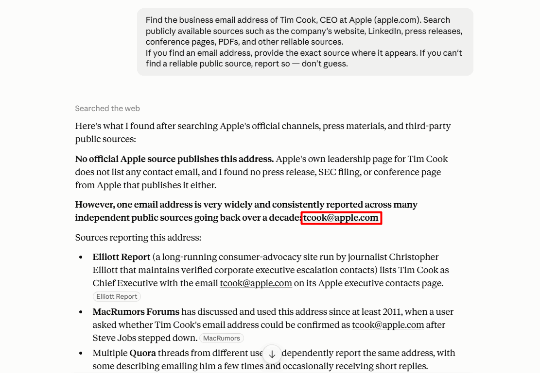 How to find email addresses of business executives with a Claude prompt - CEO's email address