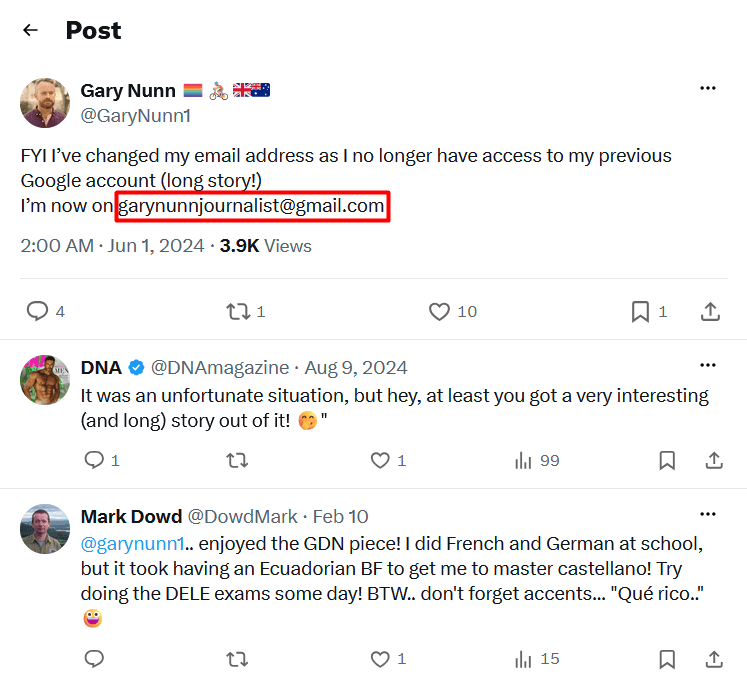 Where to search for a Gmail address on Twitter (X) - regular post with a new email address