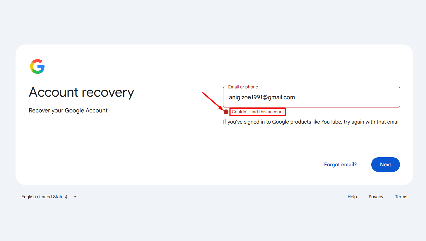 Google Account recovery page - Couldn't find this account error