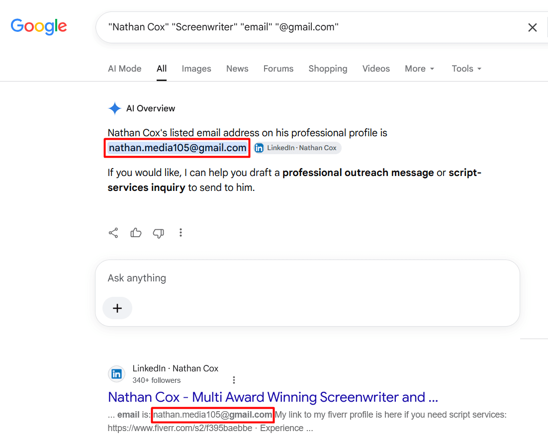 Looking up a Gmail address with Google's operators