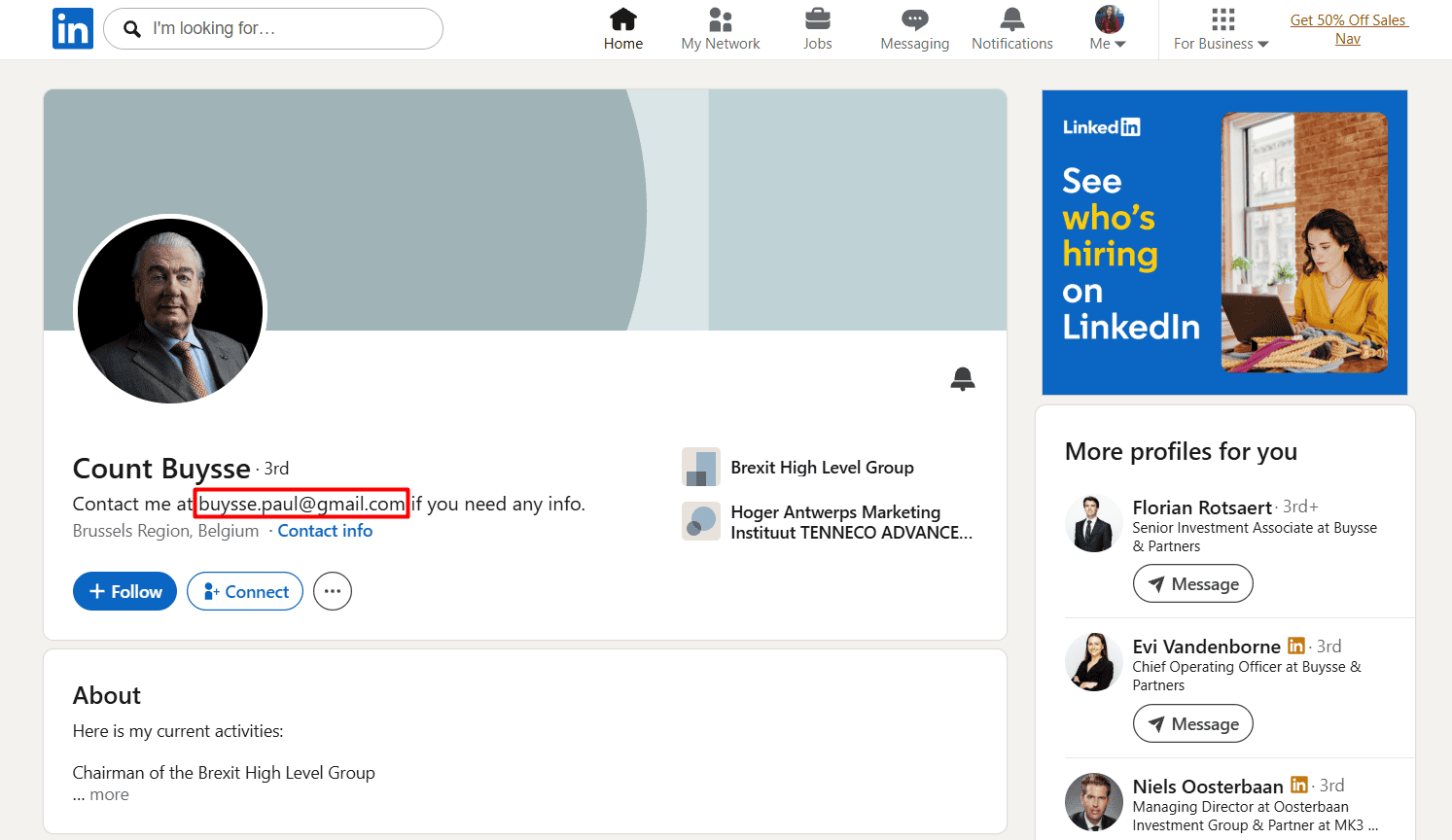 How to look up a Gmail address on LinkedIn manually - check the profile headline