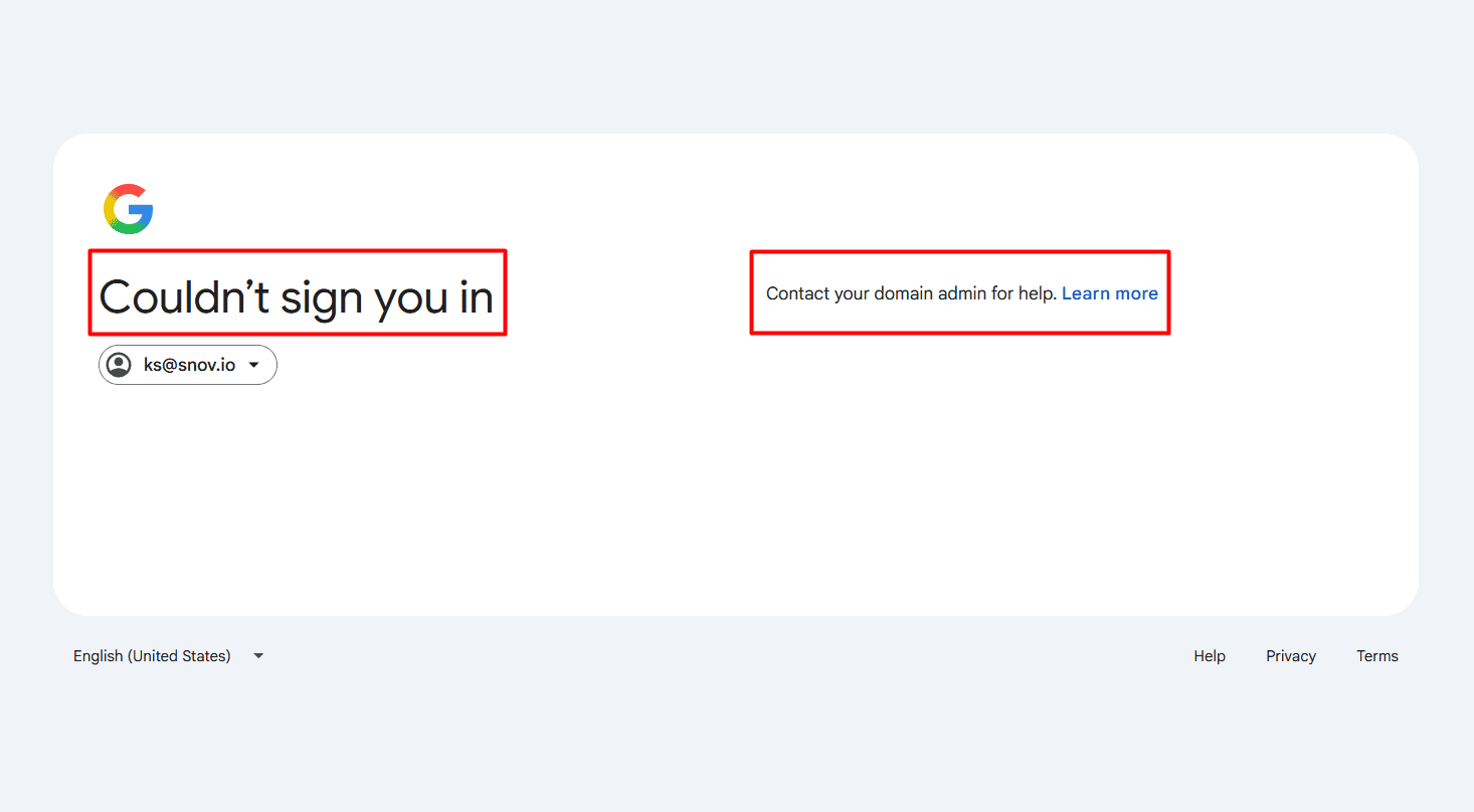 Google account recovery page - Couldn't sign you in error