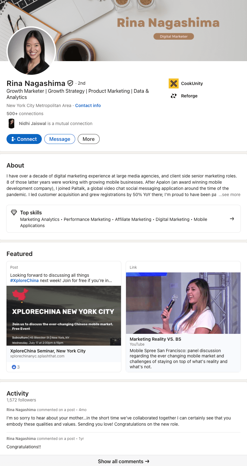 Meilleur exemple de portfolio LinkedIn. Rina Nagashima