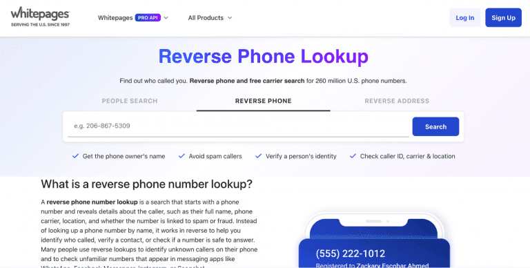 captura de tela mostrando a busca reversa de telefone do Whitepages