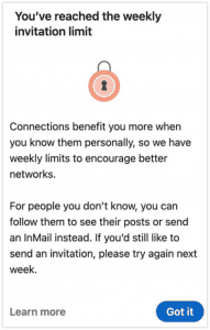 Notification LinkedIn indiquant la limite hebdomadaire d’invitations de connexion