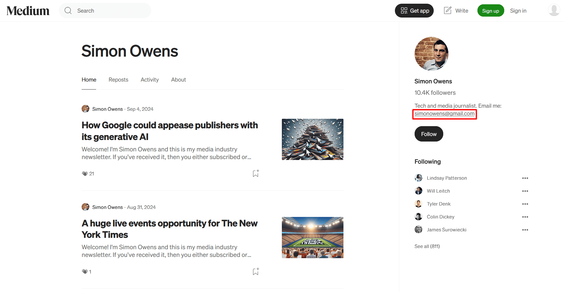 How to find someone's Gmail address - profile bio on Medium