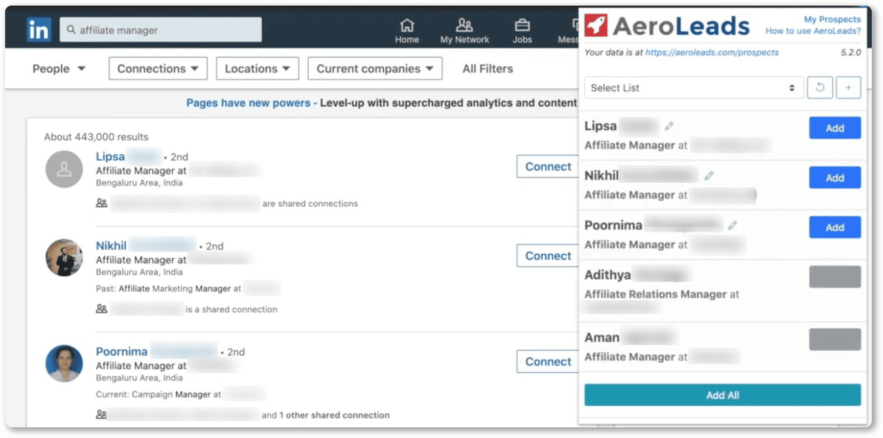 Recherche de responsables d’affiliation sur LinkedIn avec le panneau AeroLeads permettant d’ajouter des prospects à une liste.