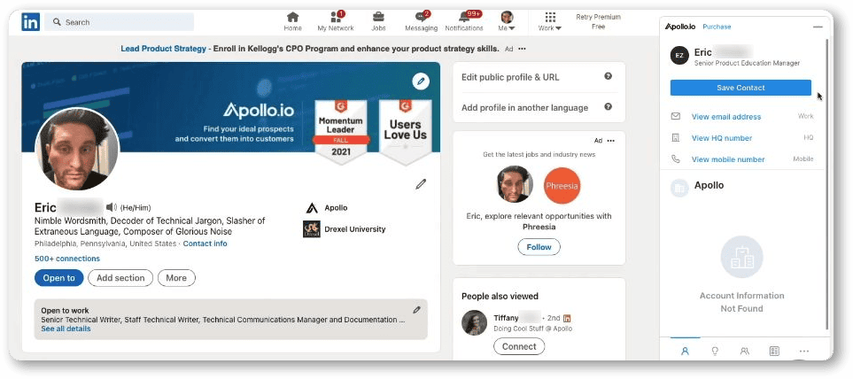 Profil LinkedIn avec le panneau Apollo proposant d’enregistrer le contact et de consulter son adresse e-mail et ses numéros de téléphone.