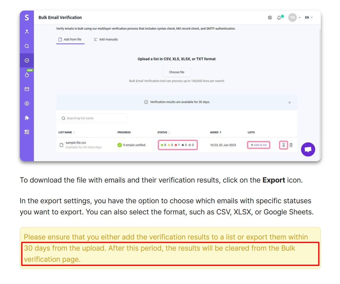 GDPR-compliant email verification services - Snov.io's Email Verifier - data retention policy - 30 days