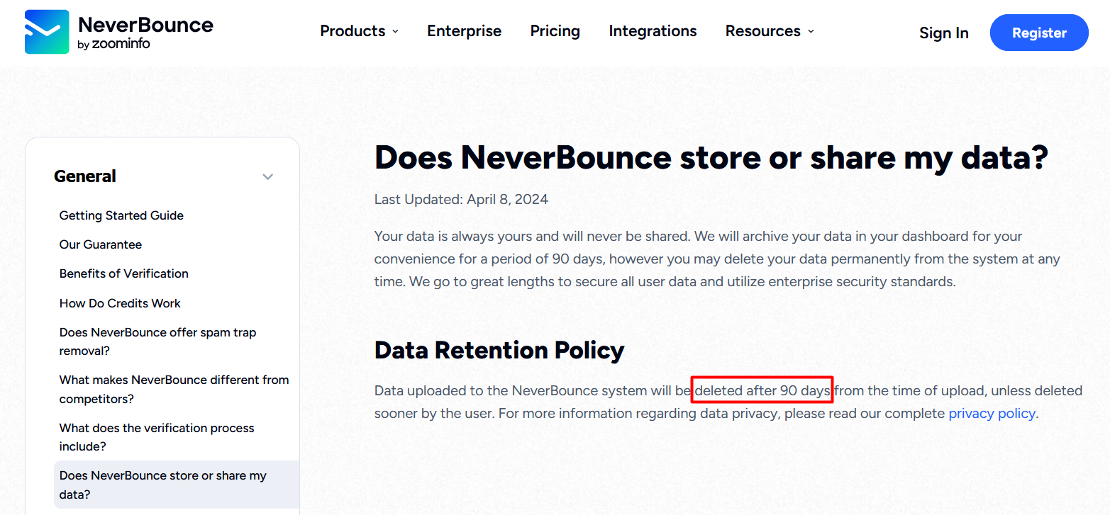 GDPR-compliant email verification tools - NeverBounce - data retention policy - 90 days