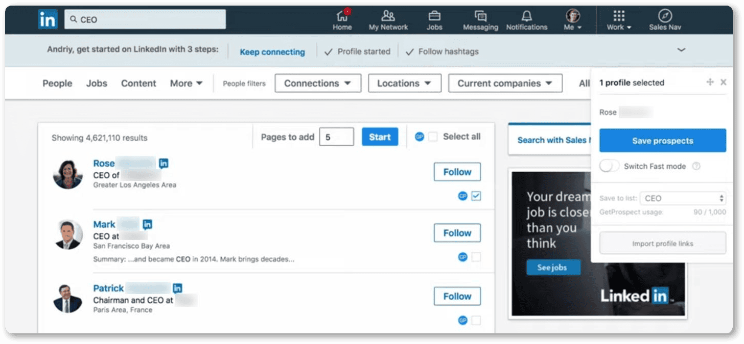 Recherche de dirigeants sur LinkedIn avec GetProspect, un profil sélectionné et une option pour l’enregistrer dans une liste.