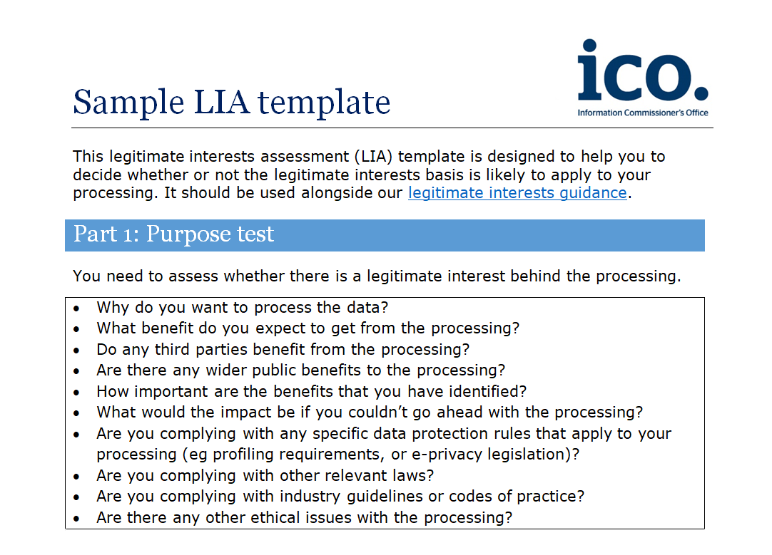 Step 1 of GDPR email verification - establish your legitimate interest - LIA template